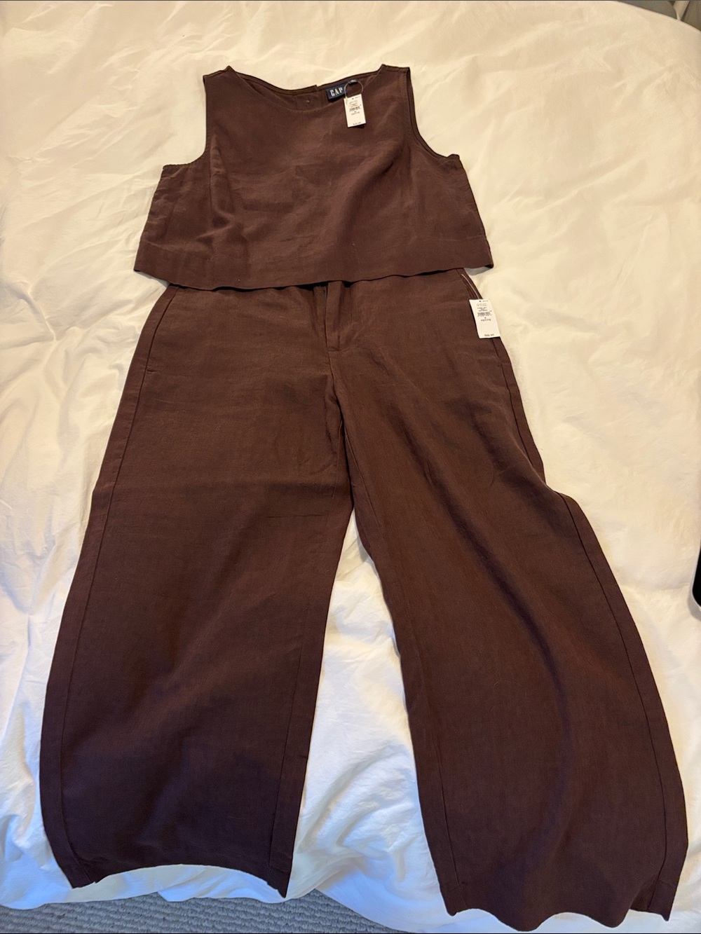 GAP Wide-Leg Linen-Blend cropped tank and pants set Brown NWT Petite 2